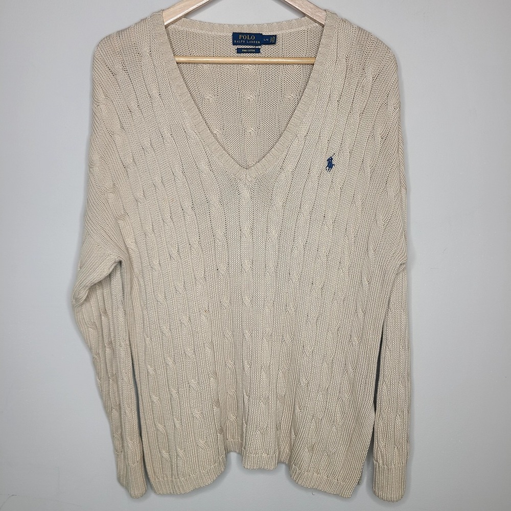 Polo Ralph Lauren Sweater Womens L Oatmeal Cable Knit V Neck Pima Cotton Relaxed - Picture 2 of 6